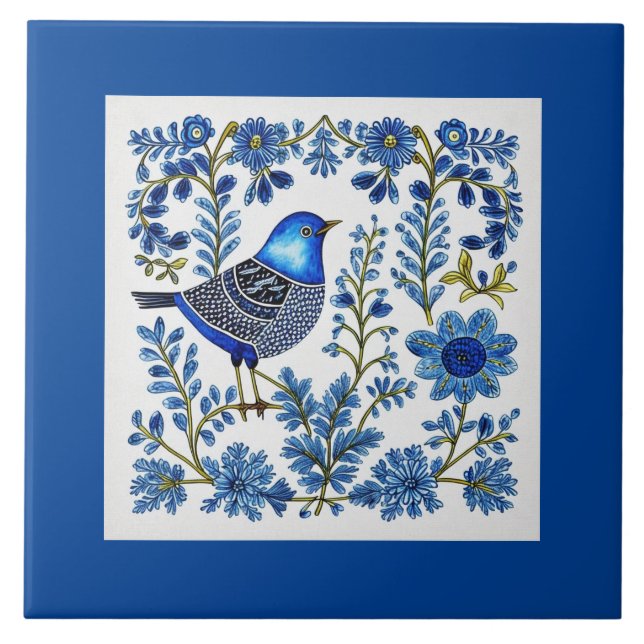 Blue & White Scandi inspired folk art Ceramic Tile (Front)