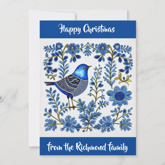 Blue & White Scandi inspired folk art. Editable. Invitation (Front)