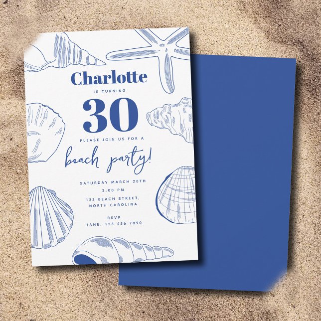 Blue White Sea Shells Beach Summer Birthday Party Invitation (Blue White Sea Shells Beach Summer Birthday Party Invitation)