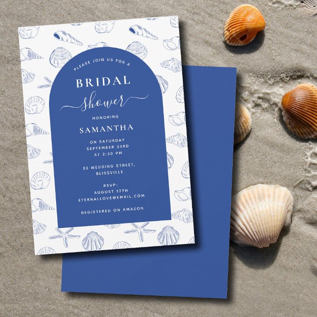 Blue White Sea Shells Beach Summer Bridal Shower Invitation (Blue White Sea Shells Beach Summer Bridal Shower Invitation)