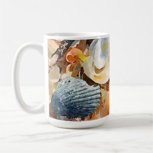 Blue, White Sea shells & Driftwood on Beach Sand Coffee Mug