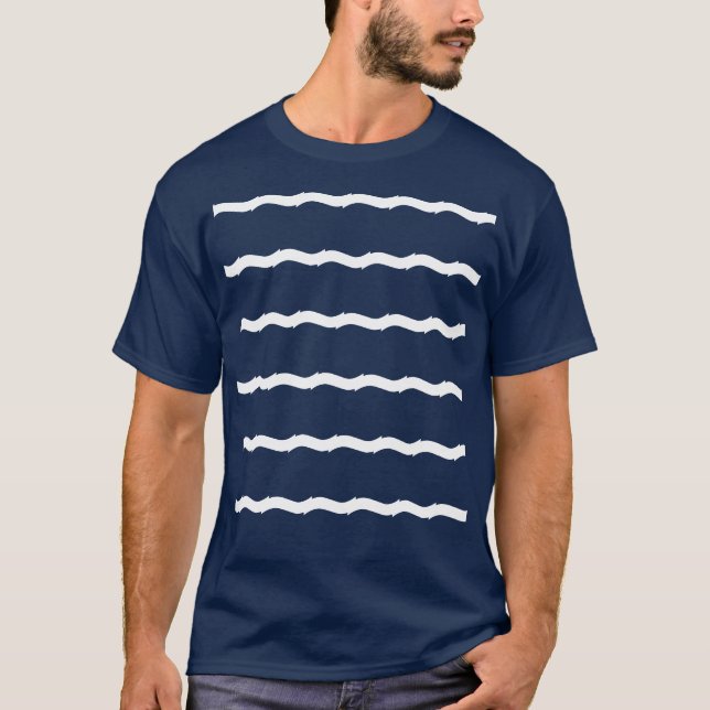 Blue white sea waves stripes nautical pattern T-Shirt (Front)