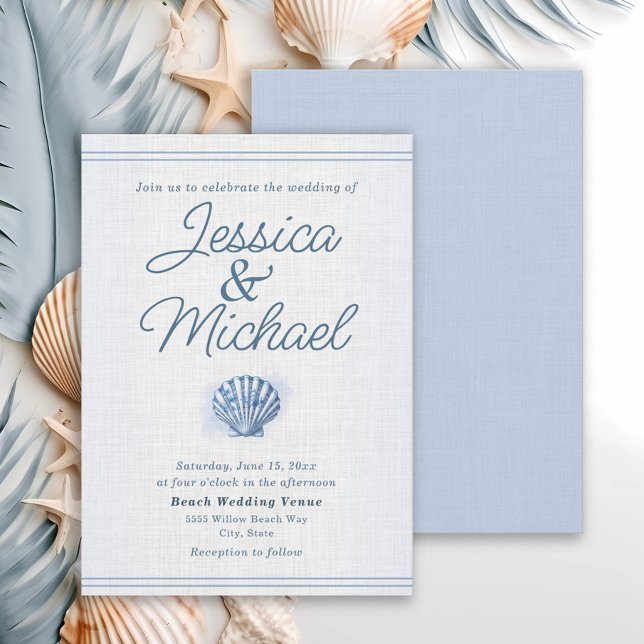Blue White Seashell Nautical Beach Wedding Invitation (Blue and white seashell beach wedding invitation)