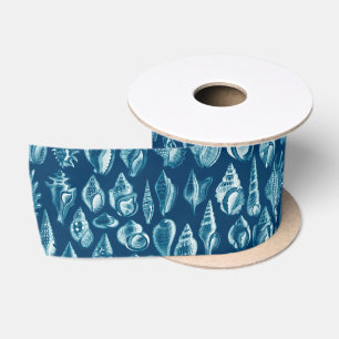 Blue & White Seashells Pattern Satin Ribbon