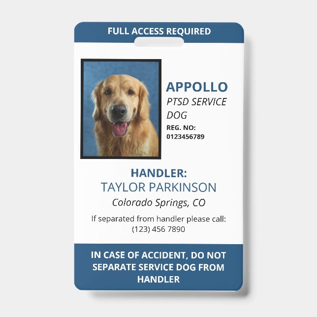 Blue White Service Dog Photo ID Badge (Front)
