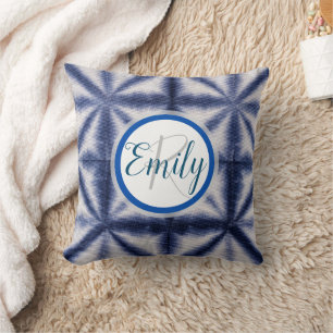 Blue & White Shibori Circle Tie Dye Monogram Name Cushion