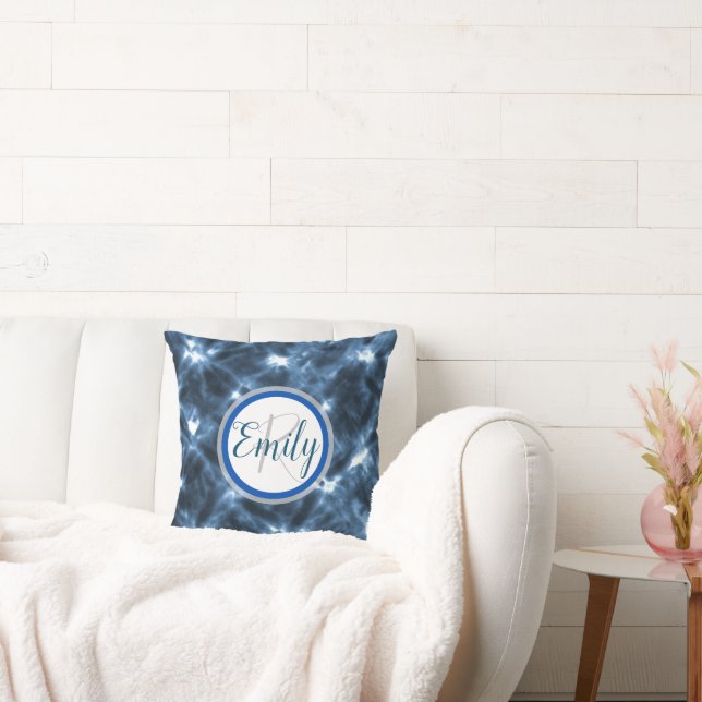 Blue & White Shibori Circle Tie Dye Monogram Name Cushion (Couch)