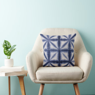 Blue & White Shibori Shapes Tie Dye Monogram Name Cushion