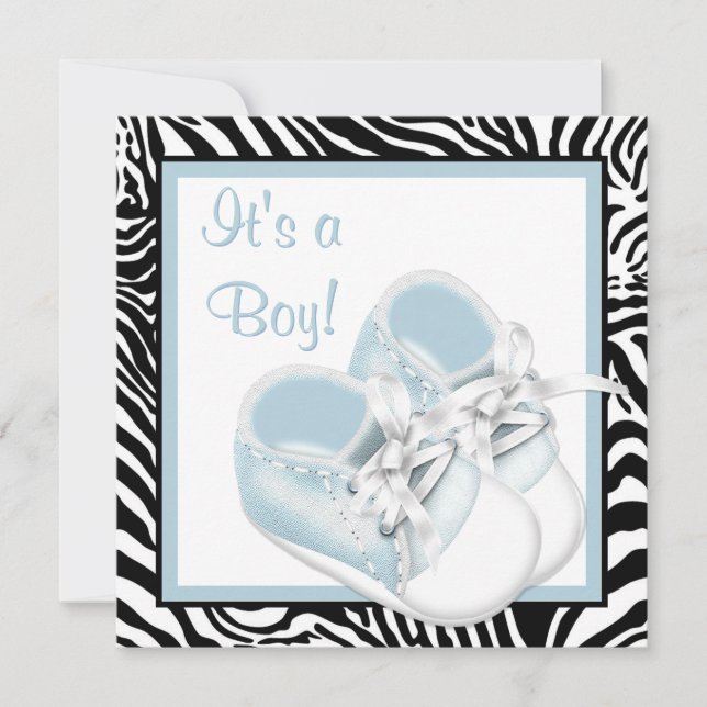 Blue White Shoes Blue Zebra Baby Boy Shower Invitation (Front)