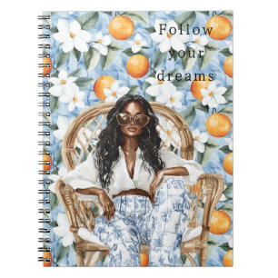Blue White Sicilian Summer Black Hair Girl Floral Notebook