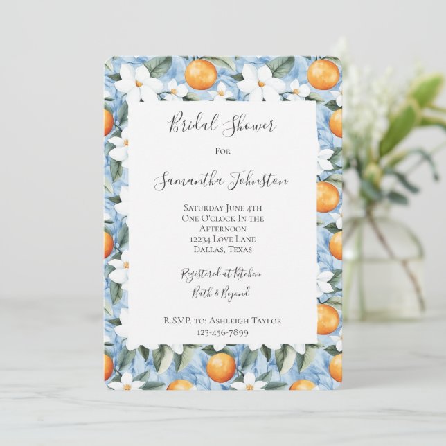 Blue White Sicilian Summer Floral Bridal Shower Invitation (Standing Front)
