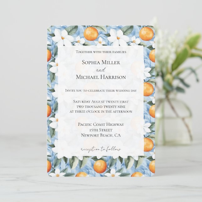Blue White Sicilian Summer Floral Oranges Wedding Invitation (Standing Front)