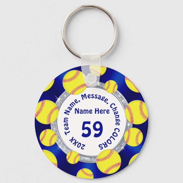 Blue, White, Silver Cheap Softball Gifts Softball Key Ring (Front)