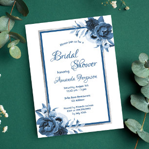 Blue white silver floral bridal shower invitation postcard