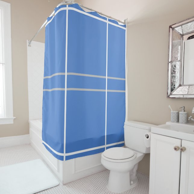 Blue White Silver Geometric Lines Shower Curtain (In Situ)