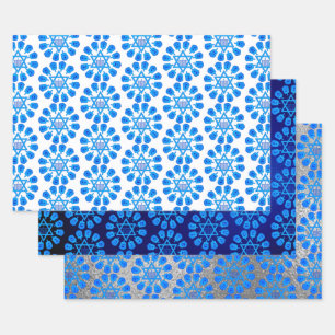 Blue White & Silver Hanukkah Motif Wrapping Paper Sheet