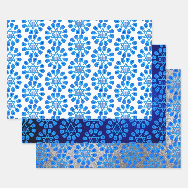 Blue White & Silver Hanukkah Motif Wrapping Paper Sheet (Set)