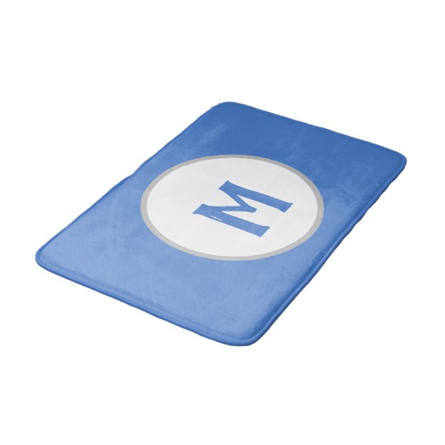 Blue White Silver Monogram Bath Mat (Angled)