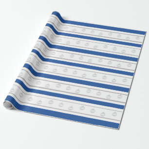 Blue, white, silver stripe with ornaments wrapping paper