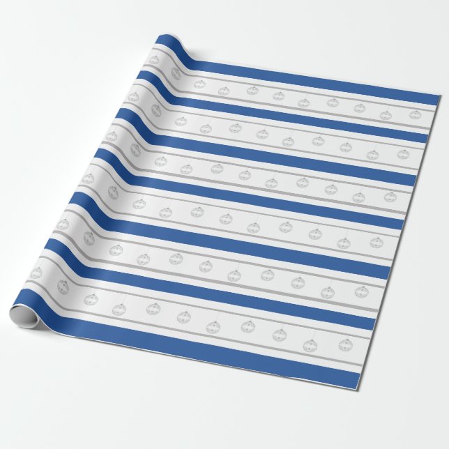 Blue, white, silver stripe with ornaments wrapping paper (Unrolled)