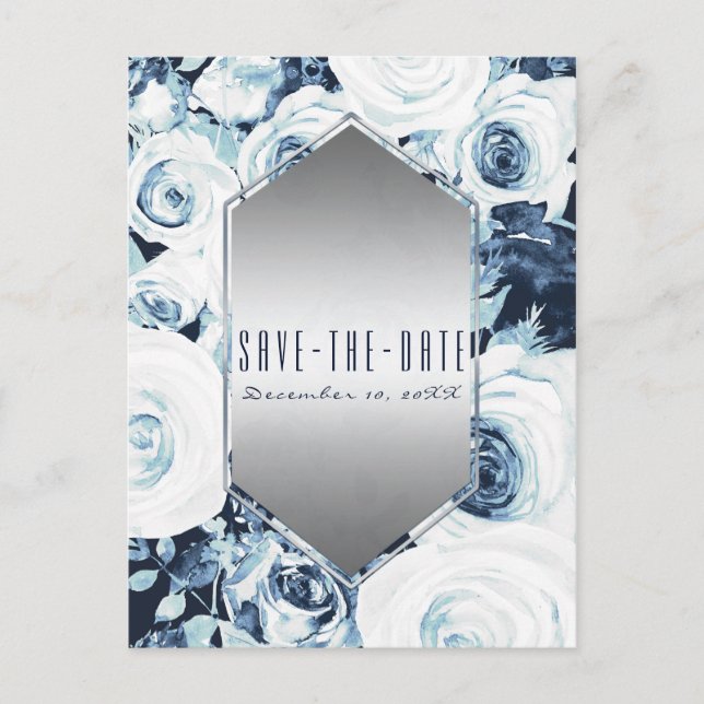 Blue White Silver Winter Wedding Save the Date Announcement Postcard (Front)