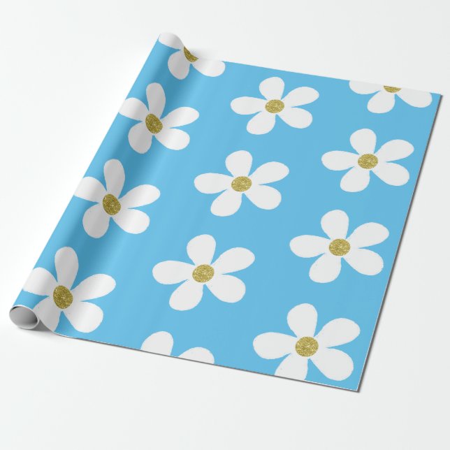 Blue White Simple Daisy Gold Wrapping Paper (Unrolled)
