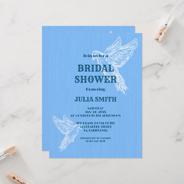 Blue White Simple Elegant Bird | Bridal Shower Invitation (Front/Back In Situ)