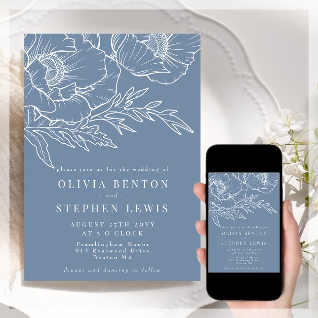  Blue & White | Simple Floral Wedding Invitation (Creator Uploaded)