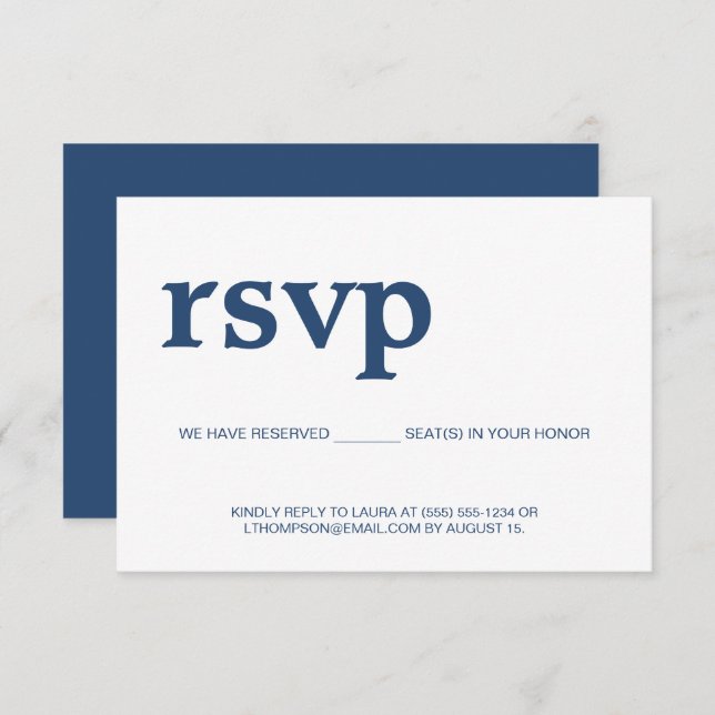 Blue White simple reserved seating email or phone RSVP Card (Front/Back)