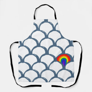Blue & White Sketch Scallop Pattern & Rainbow  Apron