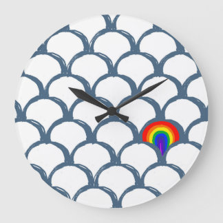Blue & White Sketch Scallop Pattern & Rainbow  Large Clock