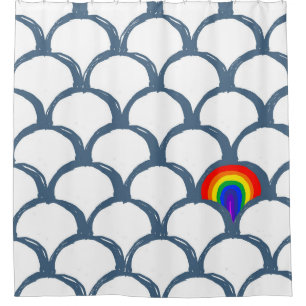 Blue & White Sketch Scallop Pattern & Rainbow  Shower Curtain