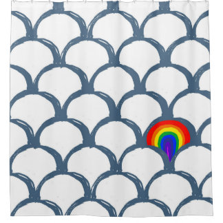 Blue & White Sketch Scallop Pattern & Rainbow  Shower Curtain