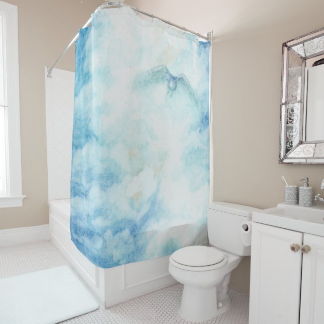 Blue White Sky Clouds Artistic Shower Curtain (In Situ)