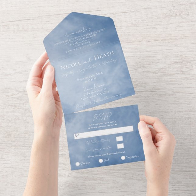 Blue & White Sky Clouds Celestial  Wedding   All In One Invitation (Tearaway)