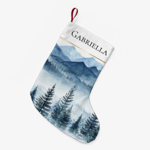 Blue White Snow Christmas Pine Trees  Small Christmas Stocking