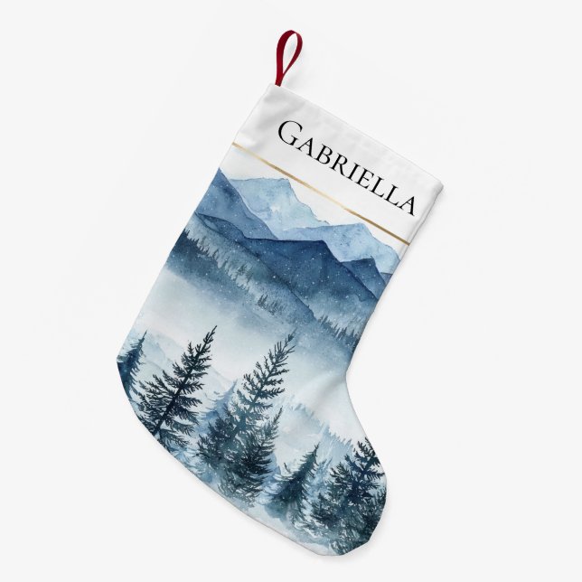 Blue White Snow Christmas Pine Trees  Small Christmas Stocking (Front (Hanging))