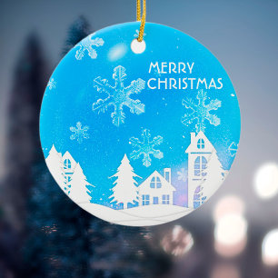 Blue White Snow House Christmas New Year  Ceramic Ornament