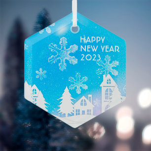 Blue White Snow House Happy New Year 2023 Glass Tree Decoration