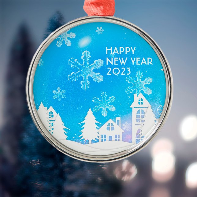Blue White Snow House Happy New Year 2023  Metal Ornament (Creator Uploaded)