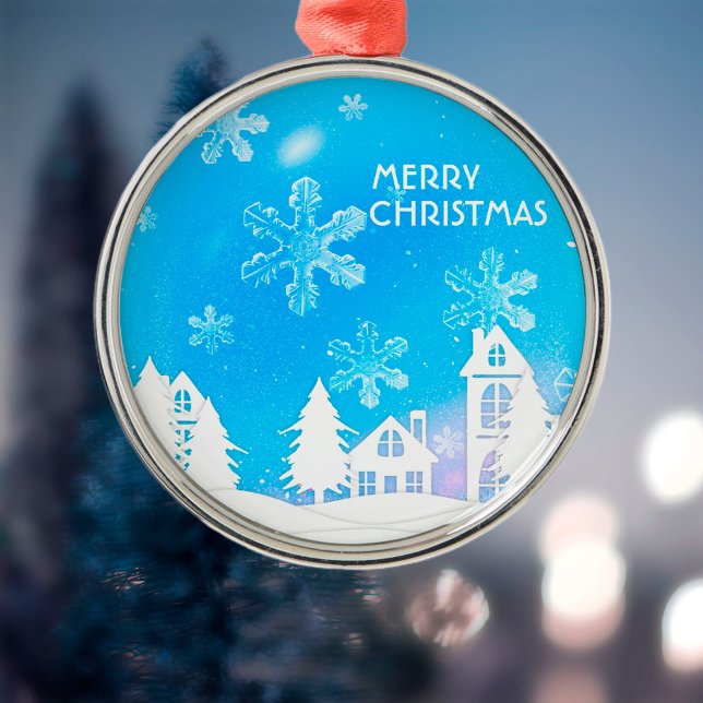 Blue White Snow House Merry Christmas  Metal Ornament (Creator Uploaded)