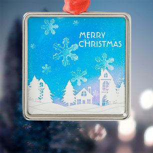 Blue White Snow House Merry Christmas  Metal Ornament
