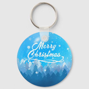 Blue White Snow Peaceful Forest Merry Christmas  Key Ring
