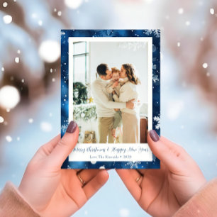 Blue & White Snowflake Christmas Photo Card
