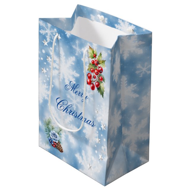 Blue White Snowflake Holly Berries Merry Christmas Medium Gift Bag (Front Angled)