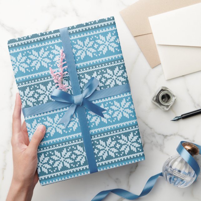 Blue White Snowflake Knit Sweater Pattern  Winter Wrapping Paper (Gifting)