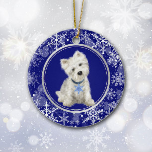 Blue White Snowflake Westie Christmas Ceramic Ornament