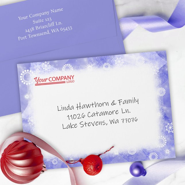 Blue, White Snowflake Winter Christmas Card Logo Envelope (light blue white snowflake red logo company holiday card envelopes, blue Christmas greeting mailing)