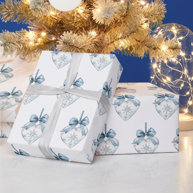 Blue White Snowflakes Bows Hearts Christmas Wrapping Paper (Holidays)