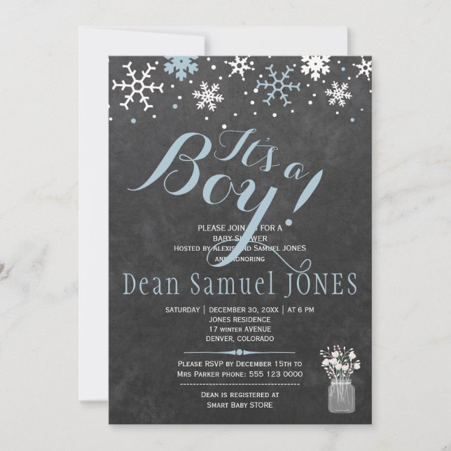 Blue white snowflakes chalkboard boy baby shower invitation (Front)